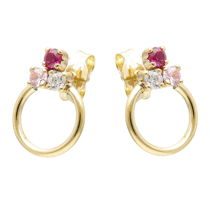 PENDIENTES EN ORO AMARILLO DE 9 QUILATES CON TRES CIRCONITAS BLANCA/ROJA Y ARO